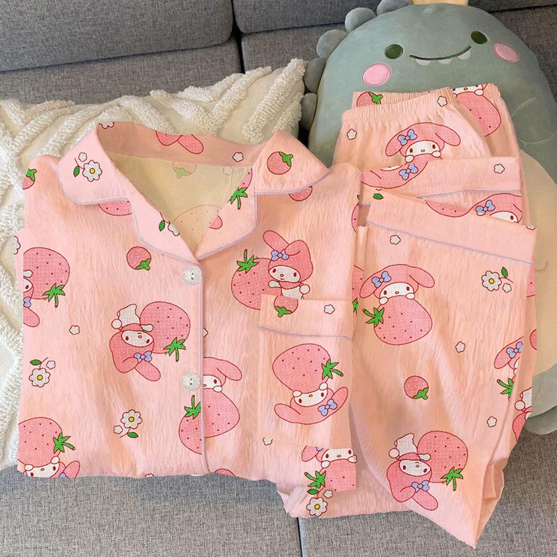 Pink Cute Strawberry Bunny Pajamas Women S Long-Sleeved Cartoon Cute Loungewear Set M