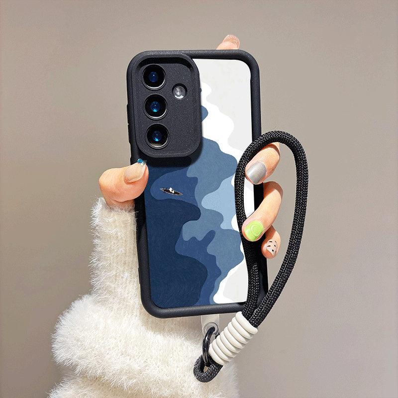 Bedruckte Modehülle mit Ozeanmuster + Schwarzes Schlüsselband Flexible Weiche Silikon TPU Schale Vollständige Rückseite für IPhone Samsung Xiaomi Redmi