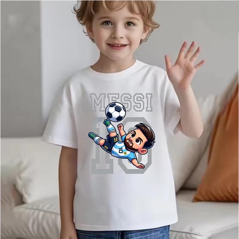Unisex T-shirt voor Kinderen met Korte Mouwen - Voetbal Supersterren Print (Messi & CR7), Zomer Katoen Ronde Hals