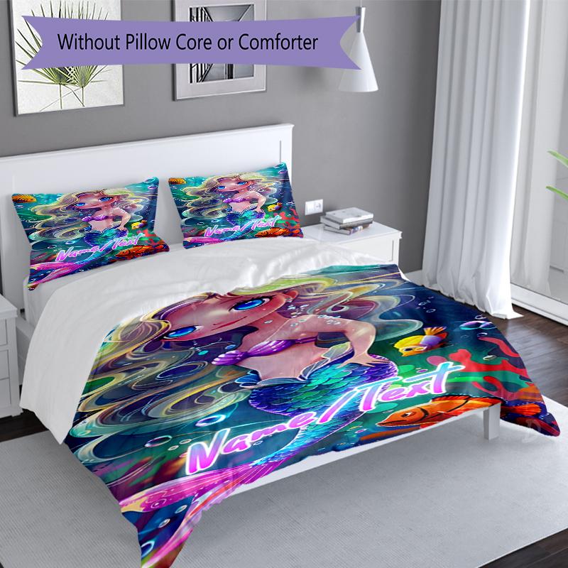 3PC Custom Name Mermaid Fantasy Underwater World Bedding Set Duvet Cover Closure Includes 1 Duvet Cover & 2 Pillowcases for Bedroom