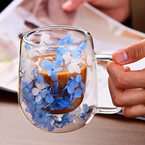 Double Wall Glass Inside Resistant Tea Latte Insulated Heat Mug with Floral Mug 250ml Cute