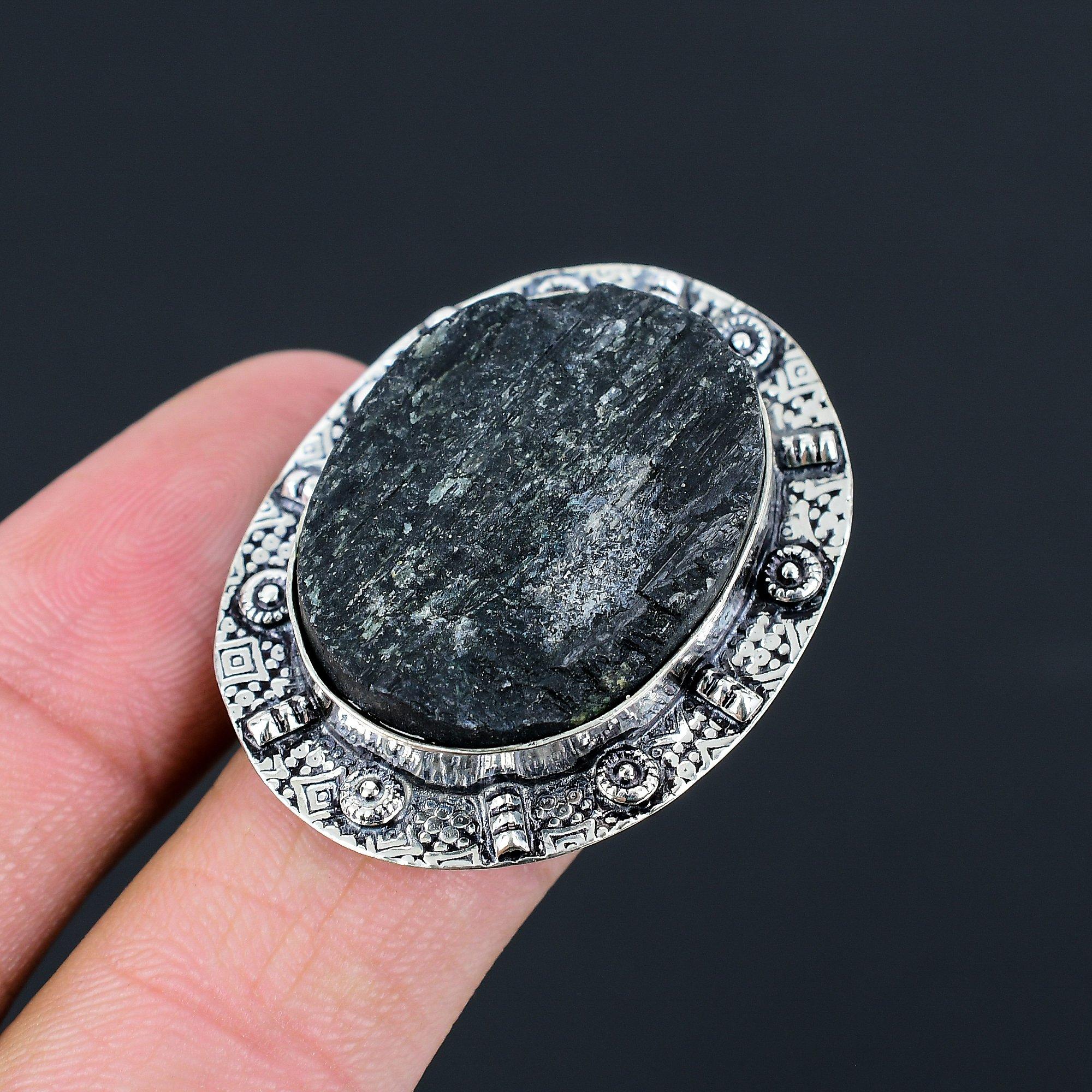 Gift For Her Natural Black Tourmaline Rough Stackable Ring Size 8.5 925 Silver 8.5