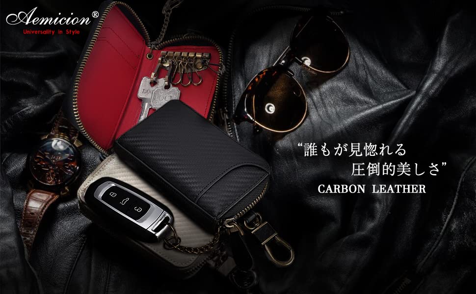 Aemicion Klucz Karta Kluczyka Samochodowego Prawdziwa Karta Karbonowa Moneta Banknot Duży Prezent Etui Męskie, Klucz, Etui, Holder, Skóra, Skóra, Zamek Błyskawiczny z 6 Kółkami, Przegródki,