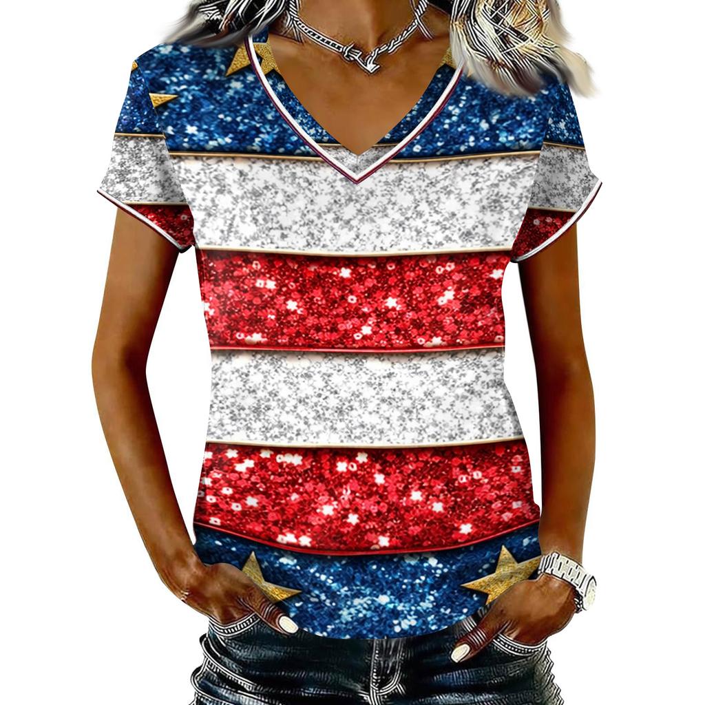 Women V Neck Short Sleeve Pullover T Shirt with Printed Star Pattern Casual Loose Fit Top for Everyday Wear
