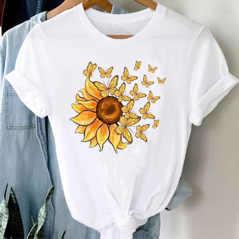 (European Size) Cute Women Print Tee Top Butterfly Camera Trend Style Cute Clothing Casual Short Sleeve Fashion Tshirt Lady Female Graphic T-shirt