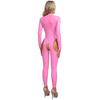 Womens Wet Look Catsuit Patent Leather Jumpsuit Long Sleeve Bodysuit Zipper Stand Collar Cutout Crotch Catsuit