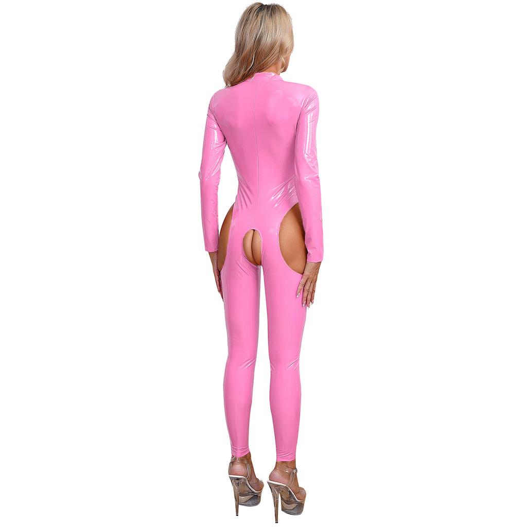 Womens Wet Look Catsuit Patent Leather Jumpsuit Long Sleeve Bodysuit Zipper Stand Collar Cutout Crotch Catsuit