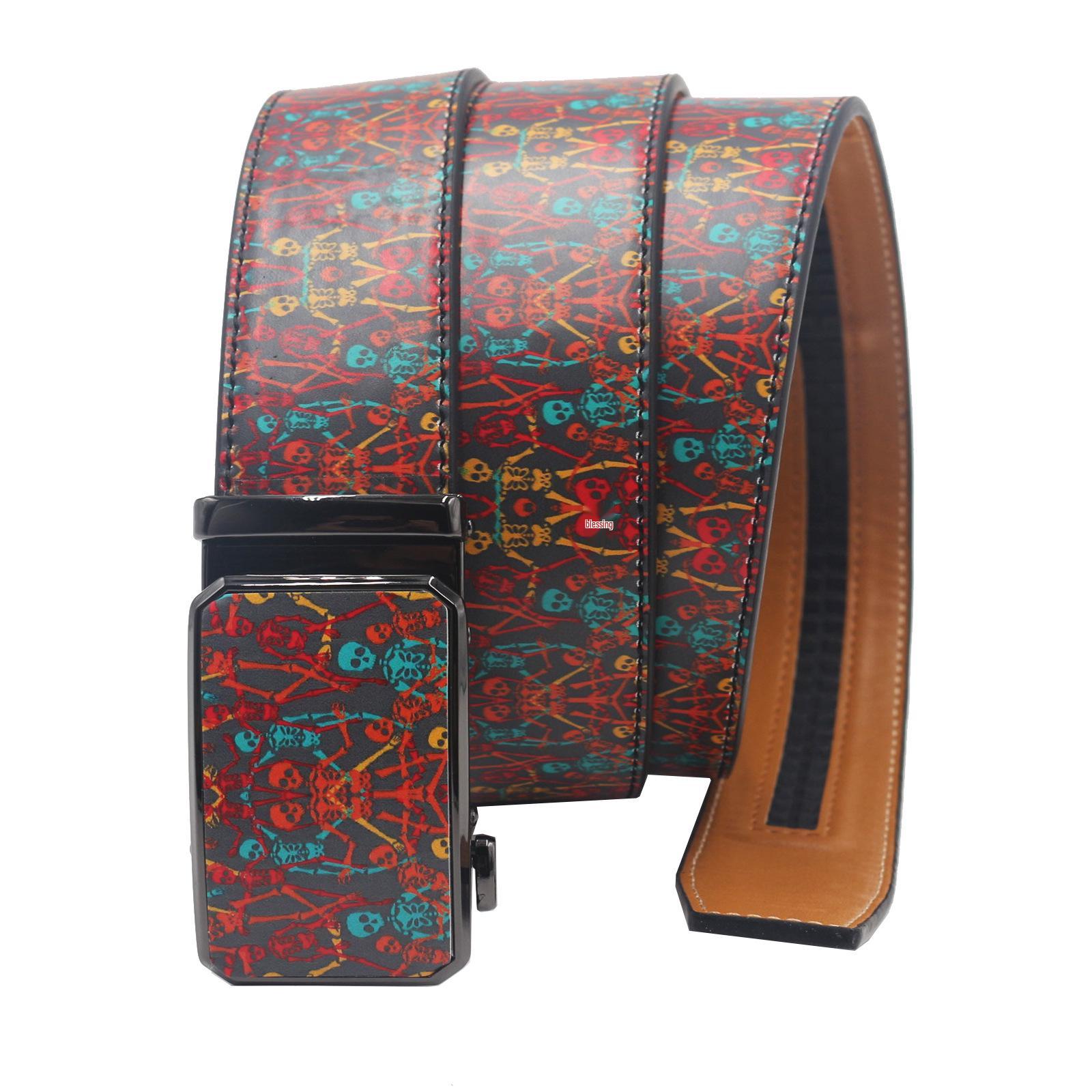 European and American Graffiti Skull Print Automatic Buckle Leather Belt 125 cm