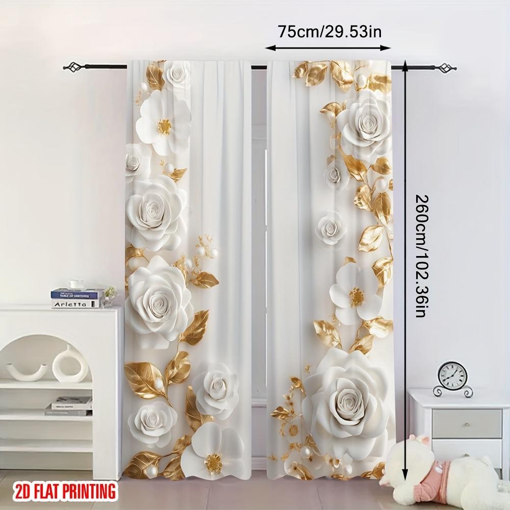 Set Of 2 Gold White Floral Curtains Design Living Room Office Bedroom Kitchen Elegant Made Polyester Area Window Treatment