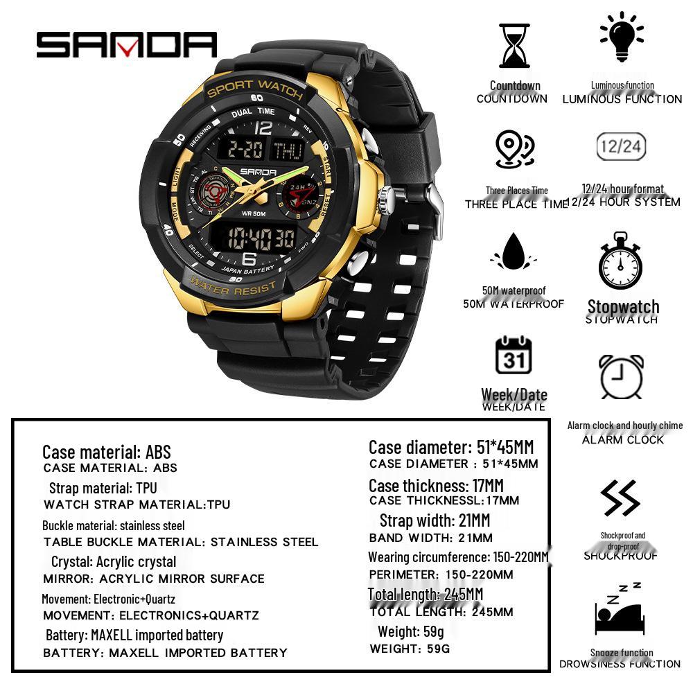 Sanda Sports Fashion Waterproof Multifunction Electronic Watch for Students