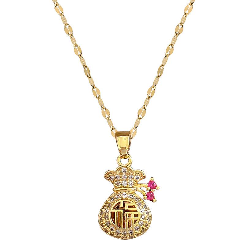 Lucky Character Auspicious Natural Wind Slightly Inlaid With Diamonds Hollowed Out Lucky Small Money Bag Pendant Collarbone Chain Jewelry