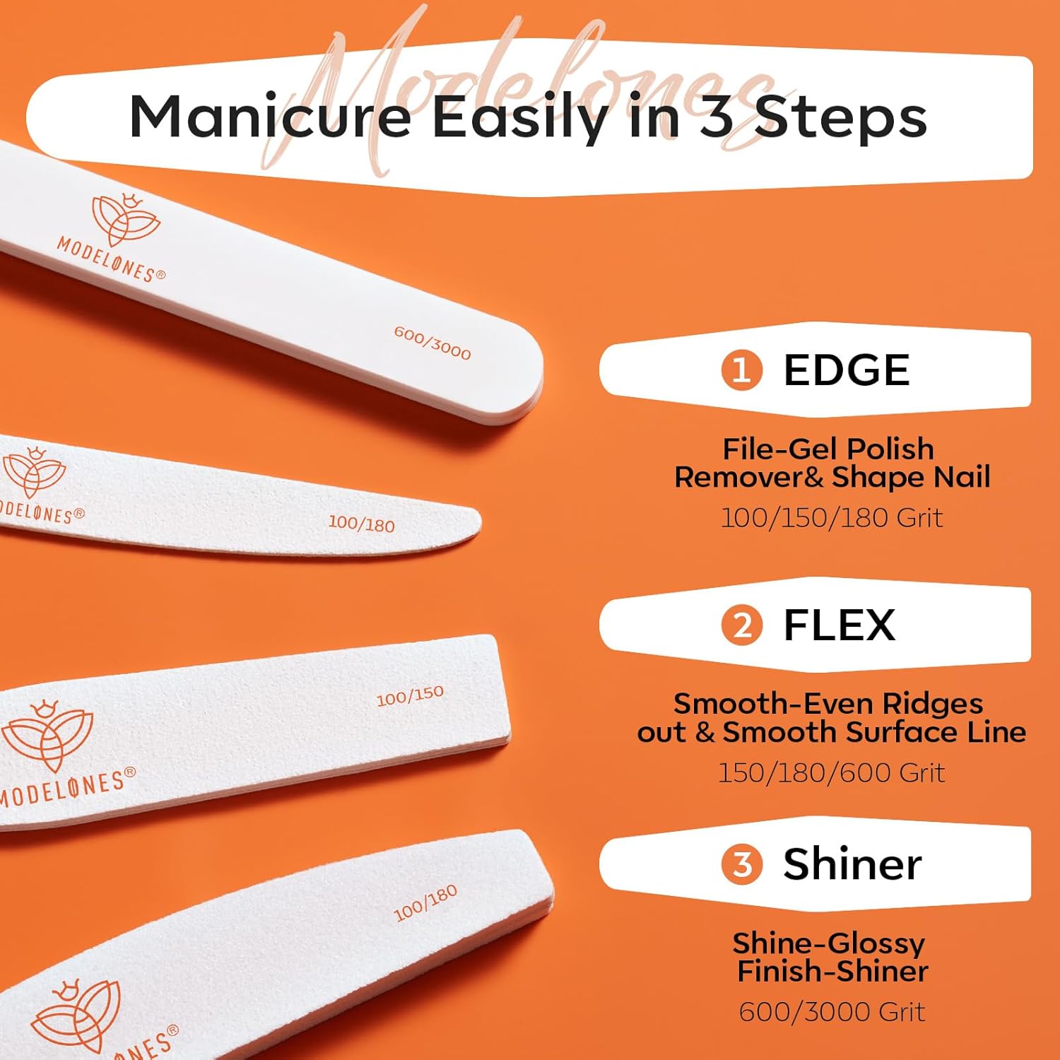 Modelones Nail Files and Nail Buffers Blocks 4 PCS, Double Side Trimed & Shaped Emery Board 100/150/180 Grits 600/3000 Nail Shine Polishing Stick,