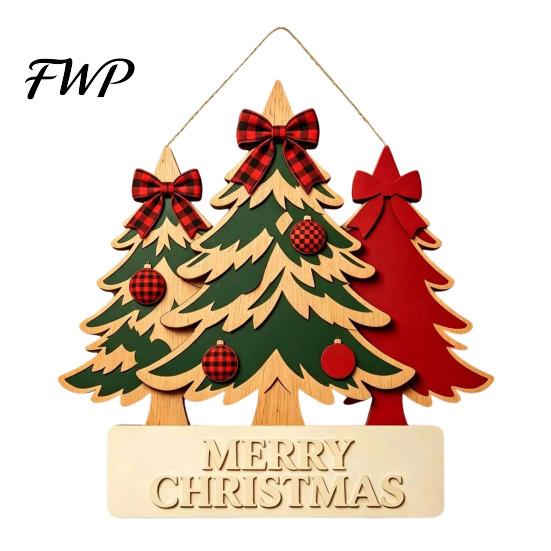Winter Festive Home Decorations Christmas Wooden Sign Hanging Ornament, Multi-Layer Tree Wood Plaque Handcrafted Holiday Decor with Rope, Merry