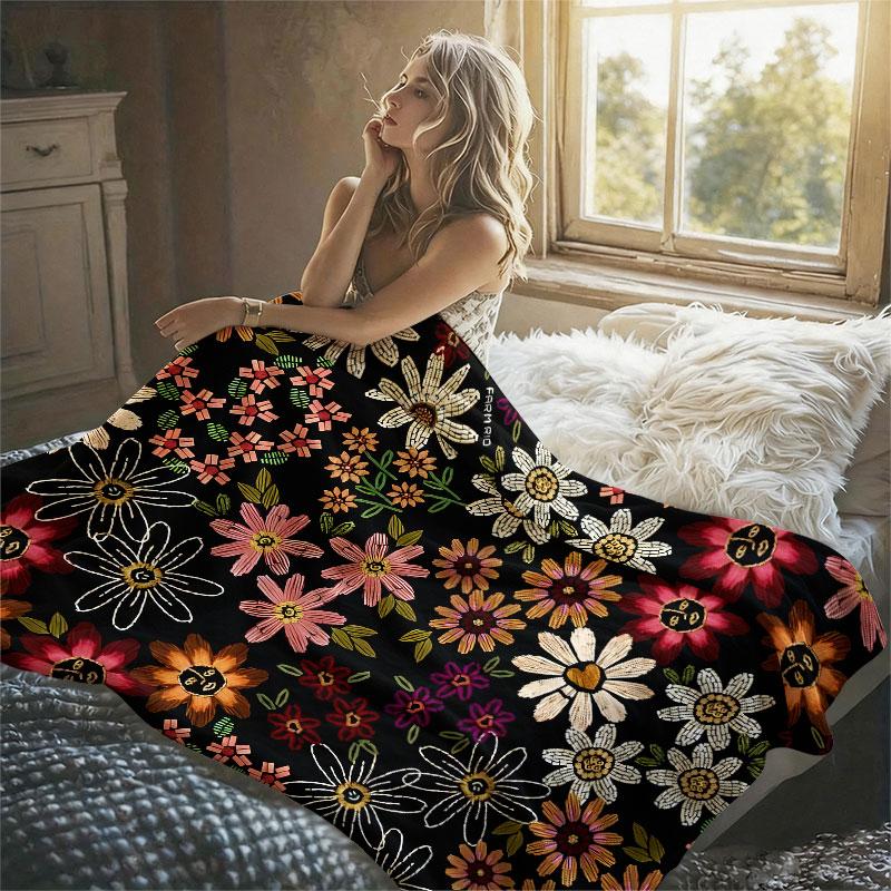 Boho Embroidered Daisy Flannel Blanket Warm Soft Halloween Christmas Decorative Couch Warm Cozy All-Season Gift