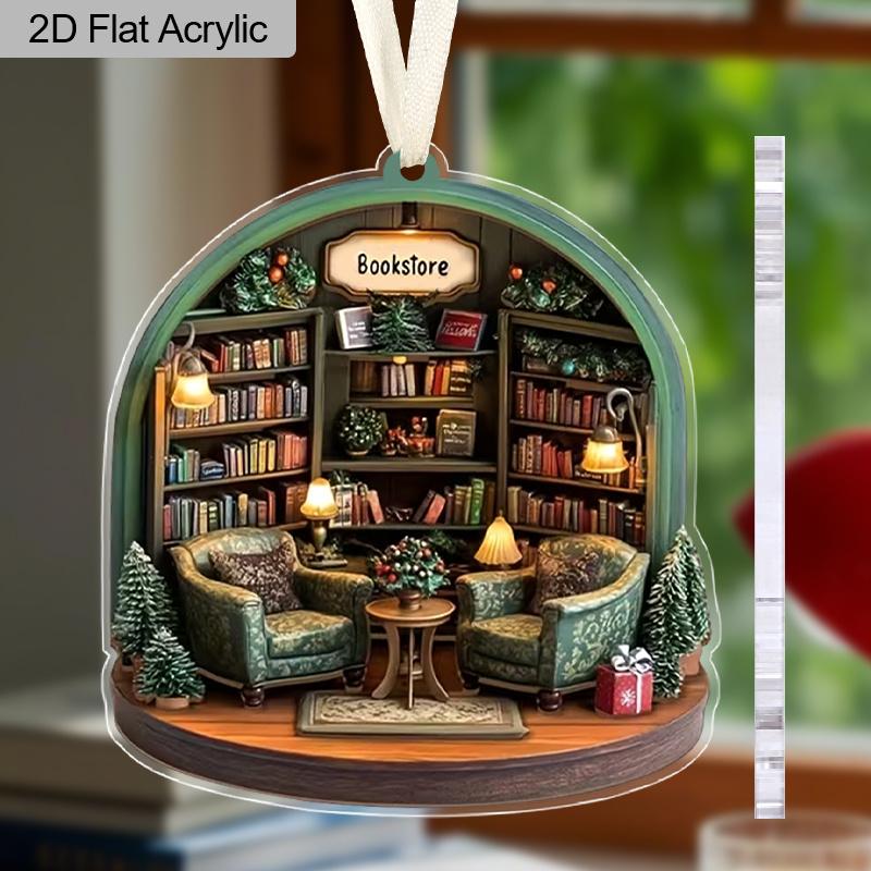 Ciondolo Scena Vintage Libreria in Acrilico per Amanti dei Libri Decorazione Stanza Accessorio Zaino Portachiavi Regali Stagione Ritorno a Scuola