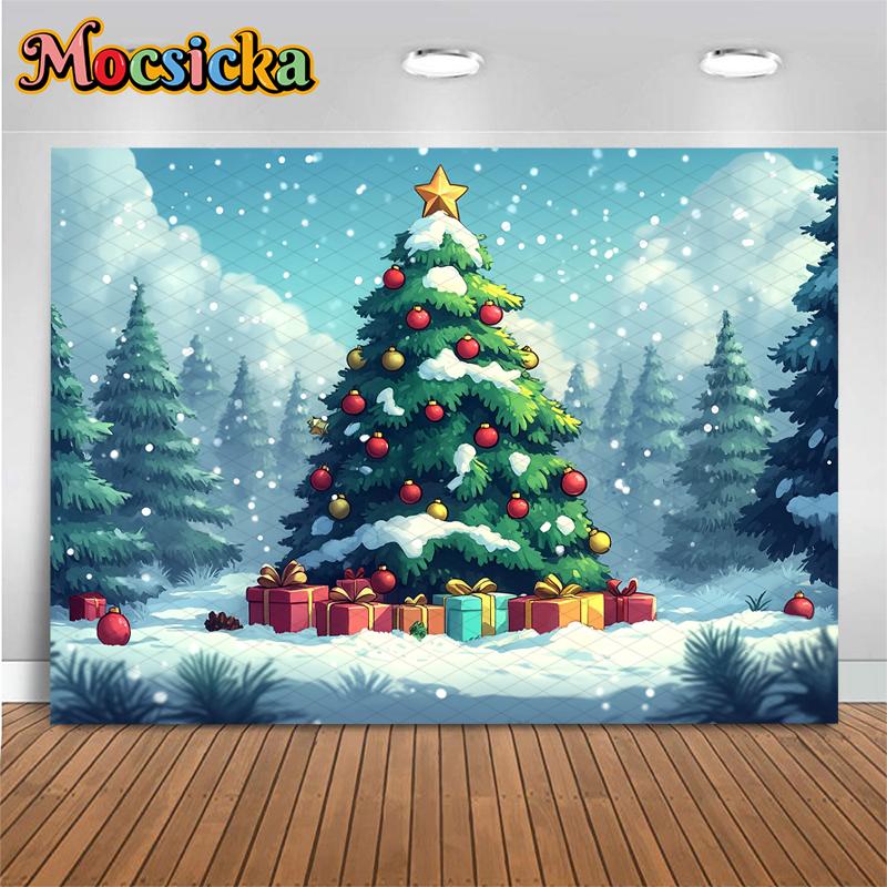Mocsicka Big Christmas Tree Photography Background Winter Snow New Year Party Wallpaper Forest Gift Decoration Festival Backdrop