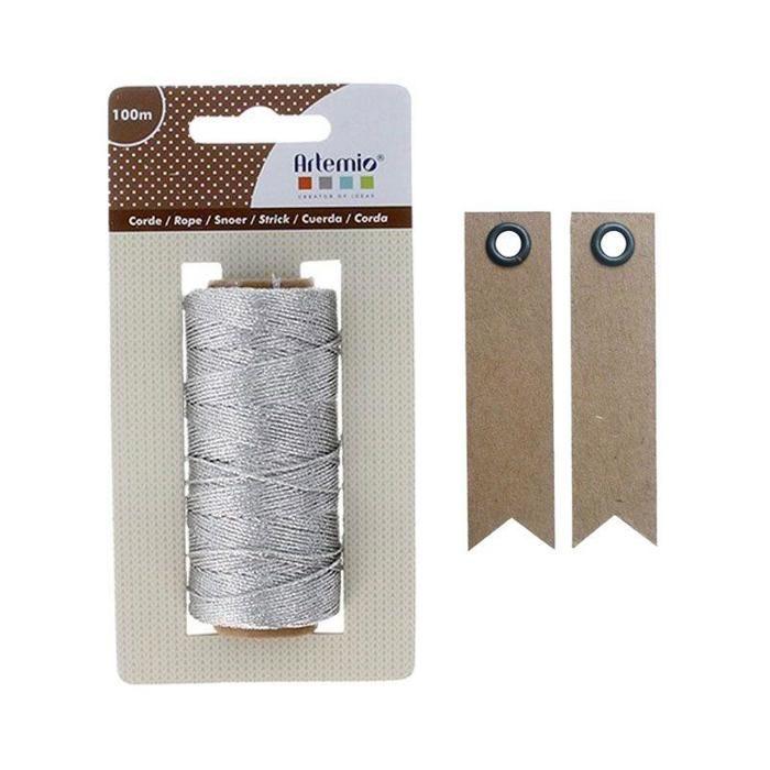 Ficelle argentée 100 m + 20 étiquettes kraft Fanion