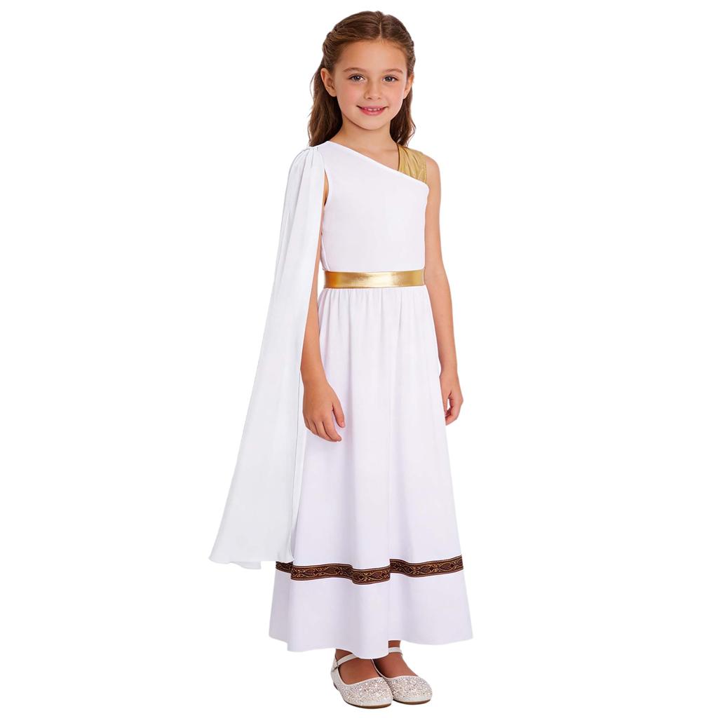 Vestido sem mangas de retalhos metálicos para meninas Fantasia de Deus Grego Romano Manto Xale Roupa de Palco