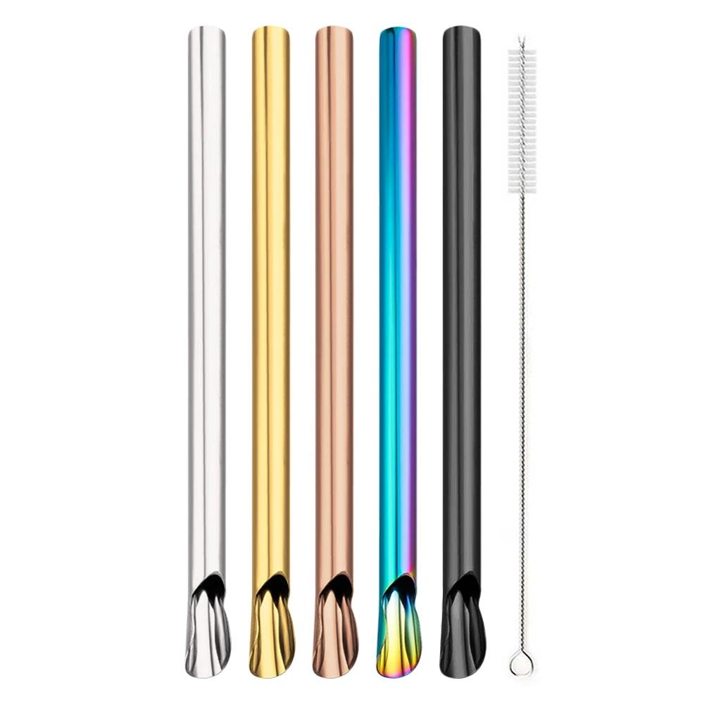 Reusable 304 Stainless Steel Straw Pearl Milkshake Bubble Tea 6Pcs Straw with Brush Set Stirring Smoothie Spoon Shaped Straw
