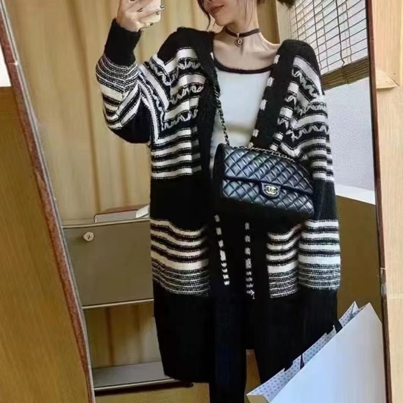 Retro Hooded Sweater Jacket Women's Lazy Style High-end Sense Medium and Long Design Sense Contrasting Color Striped Knitted Cardigan