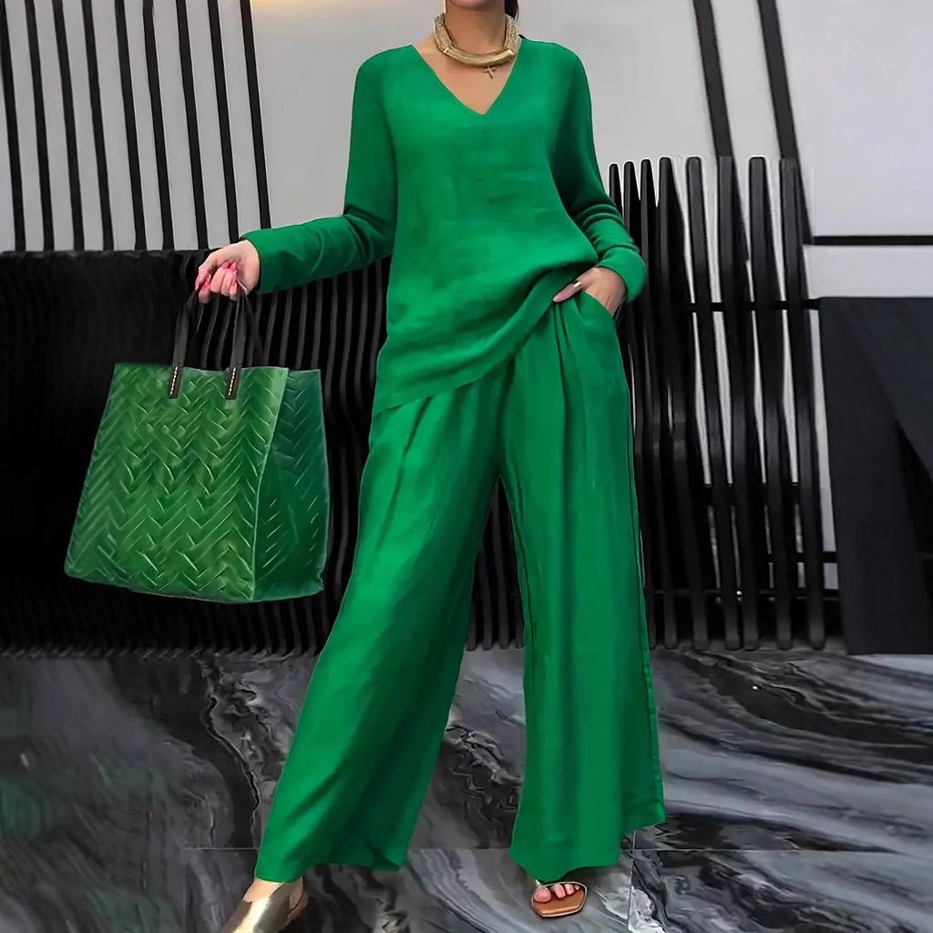 Damen Royalblau V-Ausschnitt Langarm Top und Weite Hosen Set