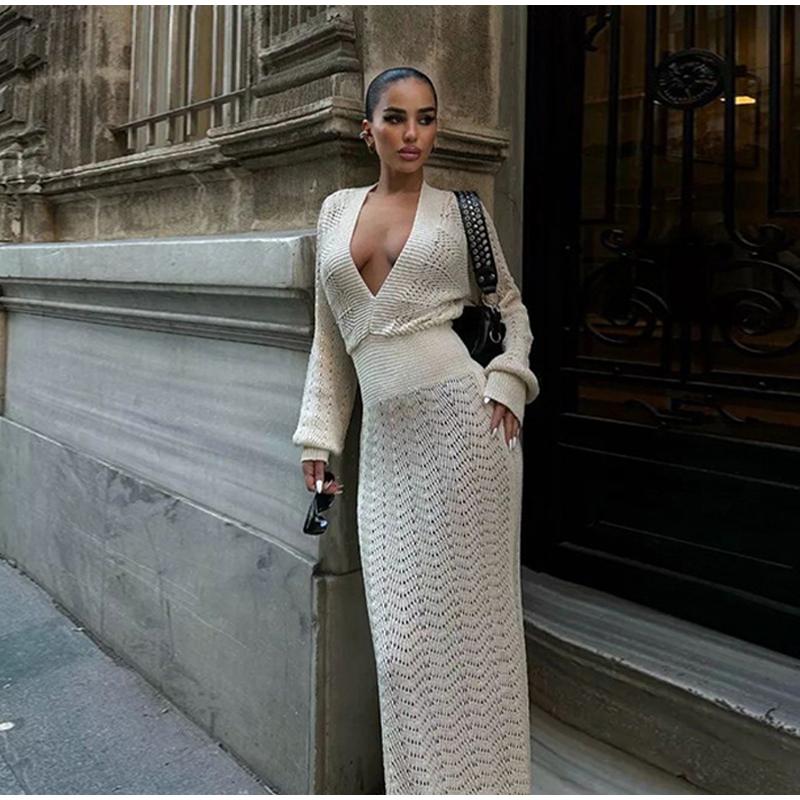 Elegant Knitted Maxi Dresses for Women Summer Long Sleeve V-neck Hollow Out Long Dress Female Chic Evening Party Beach Dresses