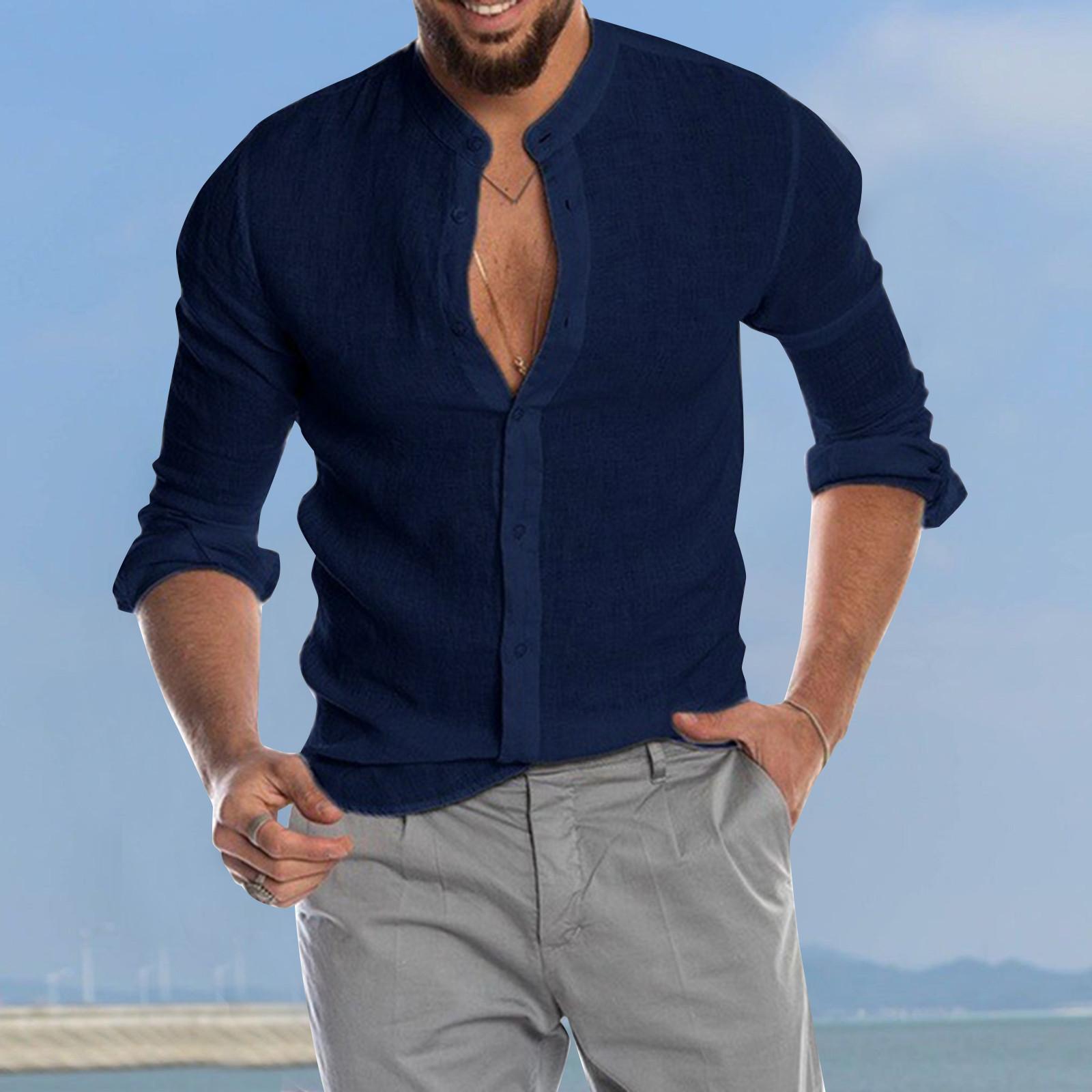 

Дизайнерские весенне-летние мужские повседневные рубашки из хлопка и льна, однотонные рубашки с длинными рукавами, свободные рубашки с воротником-стойкой M