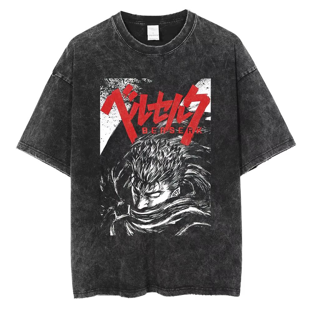 Berserk Anime Guts Charakter Vintage Gewaschenes Baumwoll-T-Shirt Retro Manga Grafik Sommer Kurzarm Locker Geschnittene Oberteile Für Männer Frauen Tägliche Freizeitkleidung