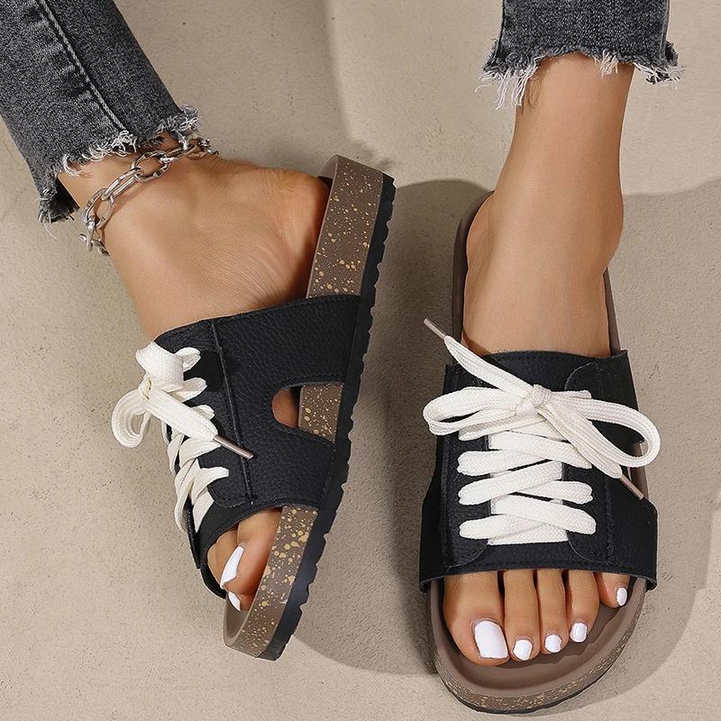 Modische Schnür-Plateauslipper für Damen Mode Lackleder Zehenfrei Sandale Damen Neu Übergröße Dicke Sohle Pantoletten Mujer