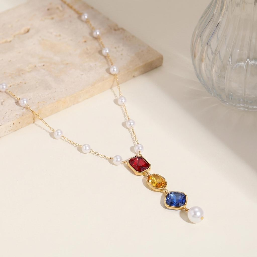 Vintage Baroque Style Stainless Steel Pearl Necklace 18K Gold Plated Colorful Gem Pendant Necklace for Women Daily Party Wear