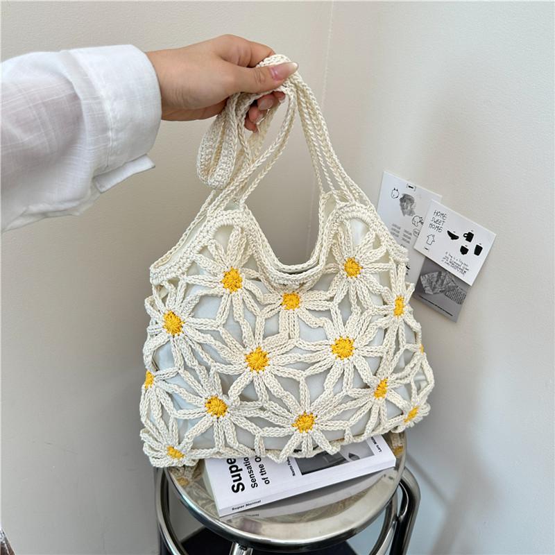 Damen Ein-Schulter-Tasche Trendige Mode Häkelkorb Gänseblümchen Hohlbeutel Lässiger Stil Tragetasche Strandurlaub Strandtasche
