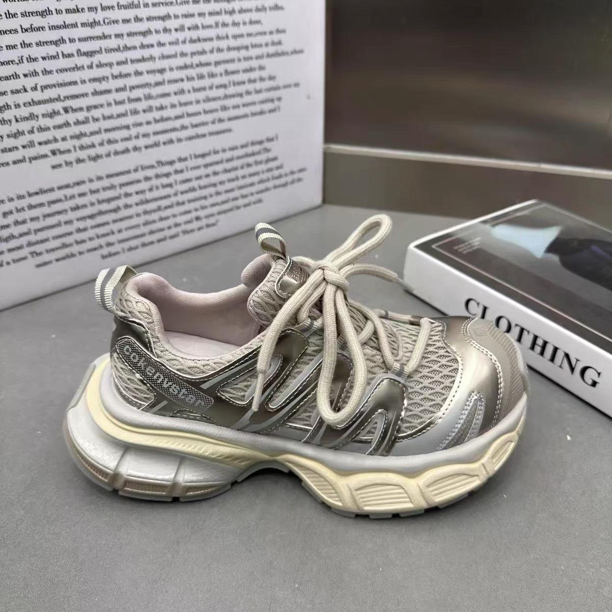 

European leather summer mesh breathable thick-soled dad shoes women s 2025 new versatile height-increasing casual sports shoes trend 35 шампанского