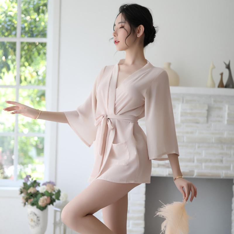 

Japanese kimono erotic underwear women s sexy transparent home nightgown seduction set free pure desire bathrobe One size fits all [Wear weight: within 75kg] абрикосовый