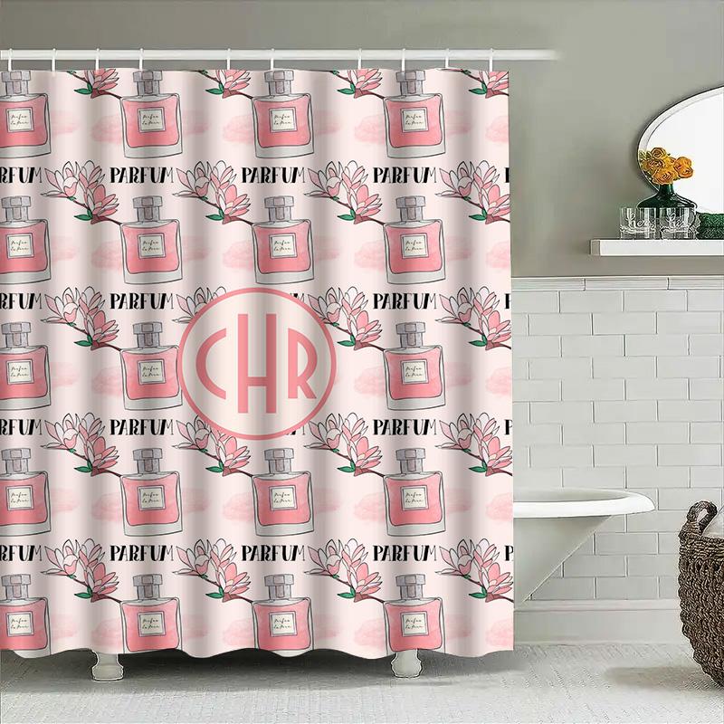 Cute Parfum Pattern Shower Curtain With Monogrammed Initials For Bathroom Decor Pink White Floral Design, Custom Size Available