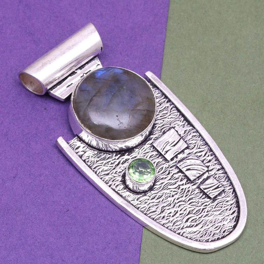 Pendant Silver Peridot Labradorite Gemstone Jewelry Sterling 2.5" Fiery