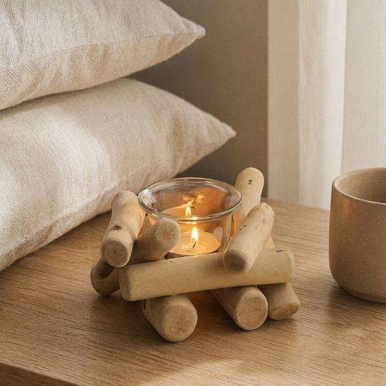 Matte Finish Wood Candle Holder Wooden Glass Holder, Rustic Driftwood Ornament, Farmhouse Natural Branch Tabletop Decor for Living Room Bedroom Office