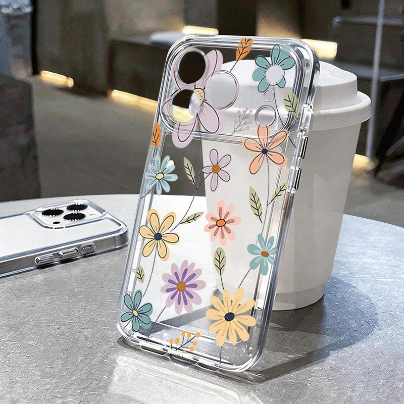 White Peony Cartoon Floral Case For iPhone 17 Pro Max Coque iPhone 16 15 14 13 12 Pro Max 11 Clear TPU Silicone Soft Cover