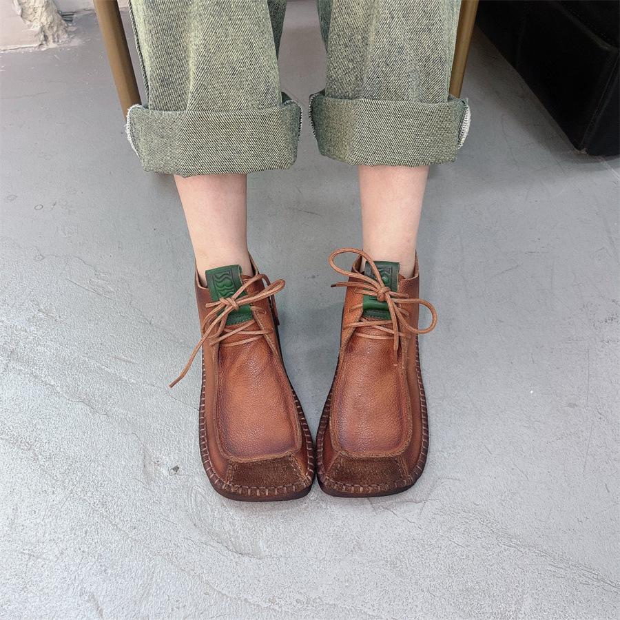 Johnature Square Toe Short Boots Genuine Leather Lace-up Retro Versatile Women Soft Sole Flat Shoes