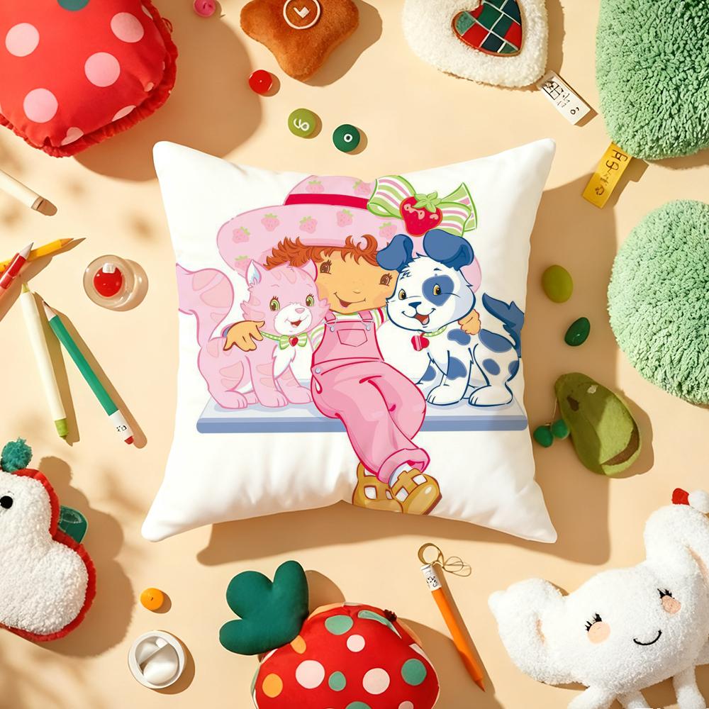 Strawberry S-Shortcake Girl Cushion Cover Plush Fabric Soft Double-Sided Printed Sofa Warm Winter Home Gift Pillow Cover