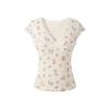 Pure lust wind sweet lace edge v-neck floral short-sleeved t-shirt women's summer slim straight shoulder thin niche waist top