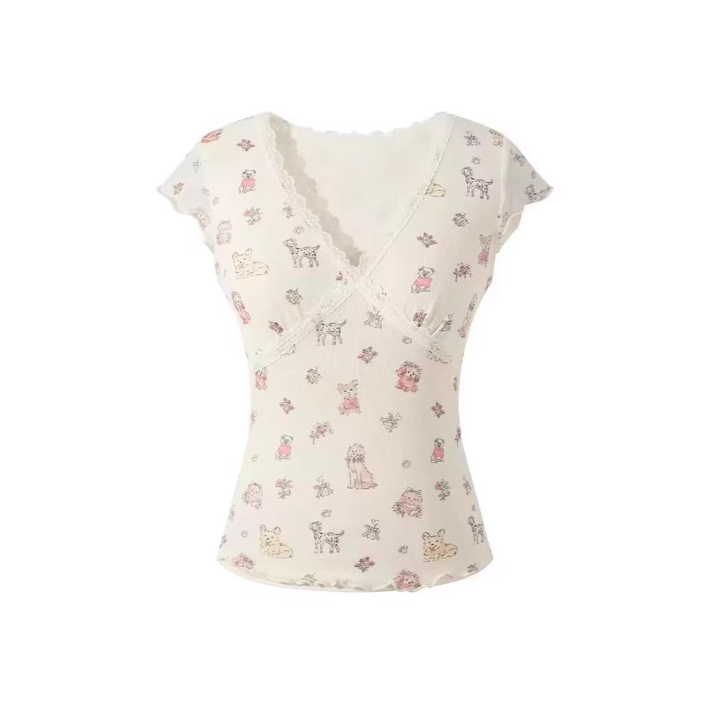 Pure lust wind sweet lace edge v-neck floral short-sleeved t-shirt women's summer slim straight shoulder thin niche waist top
