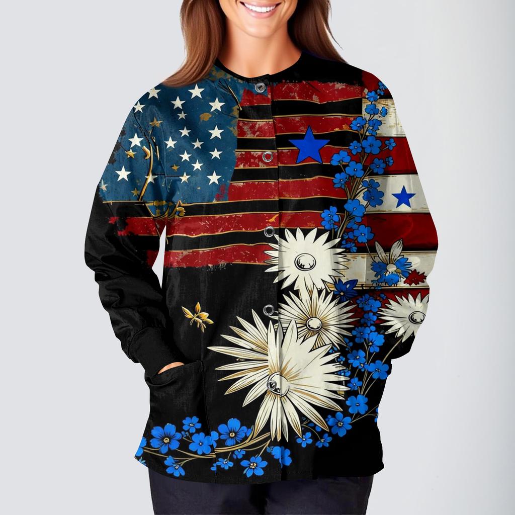 Women's Casual Fashion Long-Sleeve Stand-Up Collar Single-Button Independence Day Print Workwear Jacket