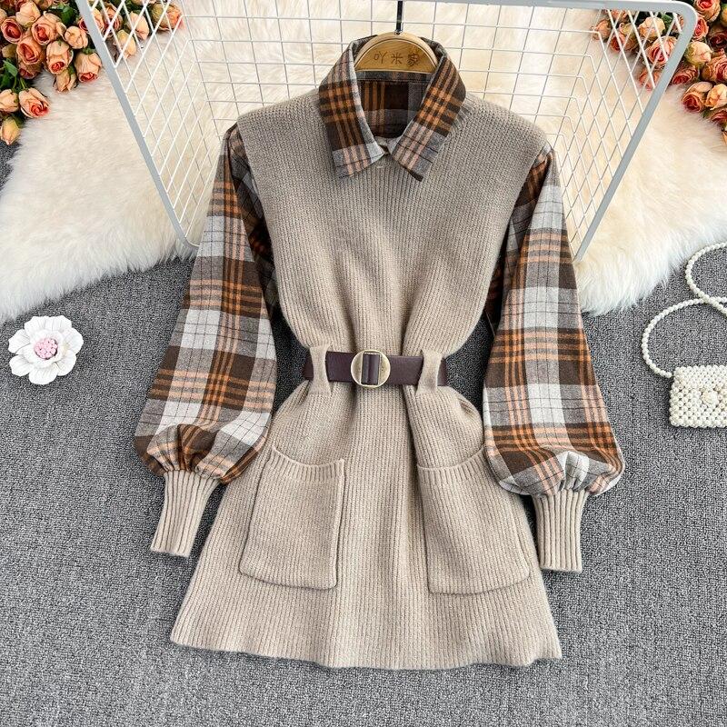 Autumn/winter Fashion Suit Western Style Plaid Shirt + Sweater Vest Knit Two-piece Set