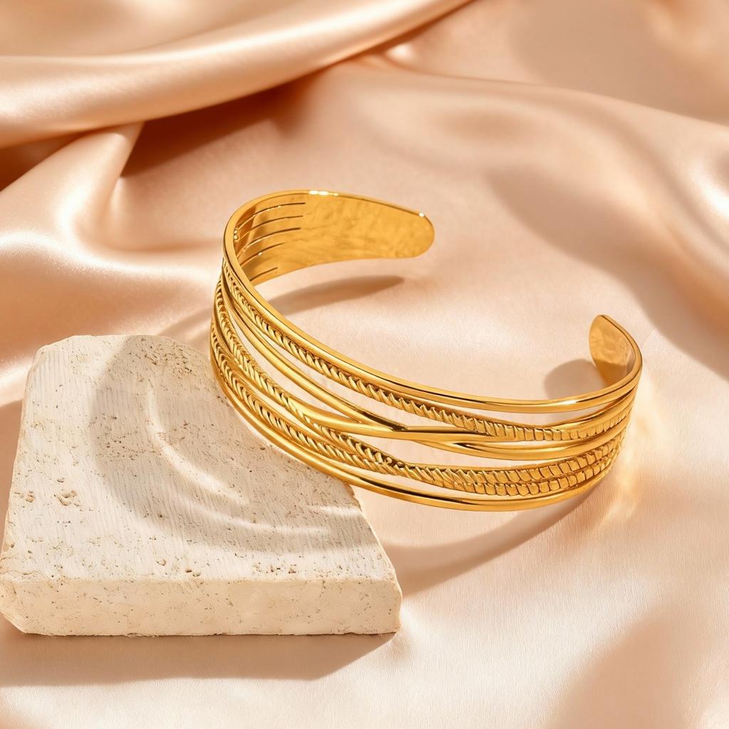 Multi-layer Lines Stainless Steel Wide Cuff Bangle for Women, Non Fading Gold Plated Open Bracelets, Waterproof Jewelry