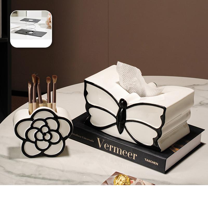 Black and White Butterfly Decorative Tissue Box Coffee Table Desk Decoration Ceramic Tissue Box Bedside Table Paper Towel Case