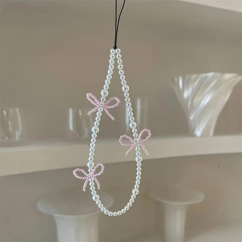 Korea Pink Bowknot Pearl Pendant Beaded Phone Charm for IPhone Accessrioes Lanyard Woman Girl Jewelry Hanging Rope Strap