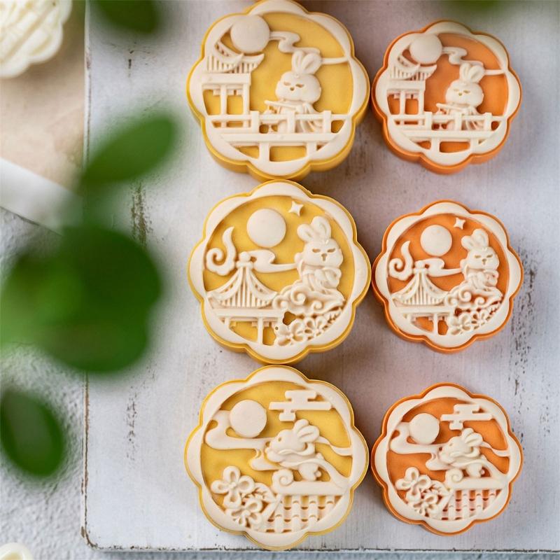 Plastic Moon Cake Molds Set 4 Stamps 3D Rabbit Pattern Cookie Stamps Pastry Hand Press Tool for Baking Enthusiasts