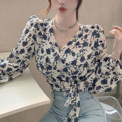 Elegantní V-výstřih Stylová košile s páskem na pas Jaro Podzim Vintage Rozbité květiny Do práce Štíhlá halenka s dlouhým rukávem