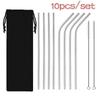 10Pcs Stainless Steel Straws Reusable Straight and Curved  with Box Cleaning Brush Set, Party Bar Accessories