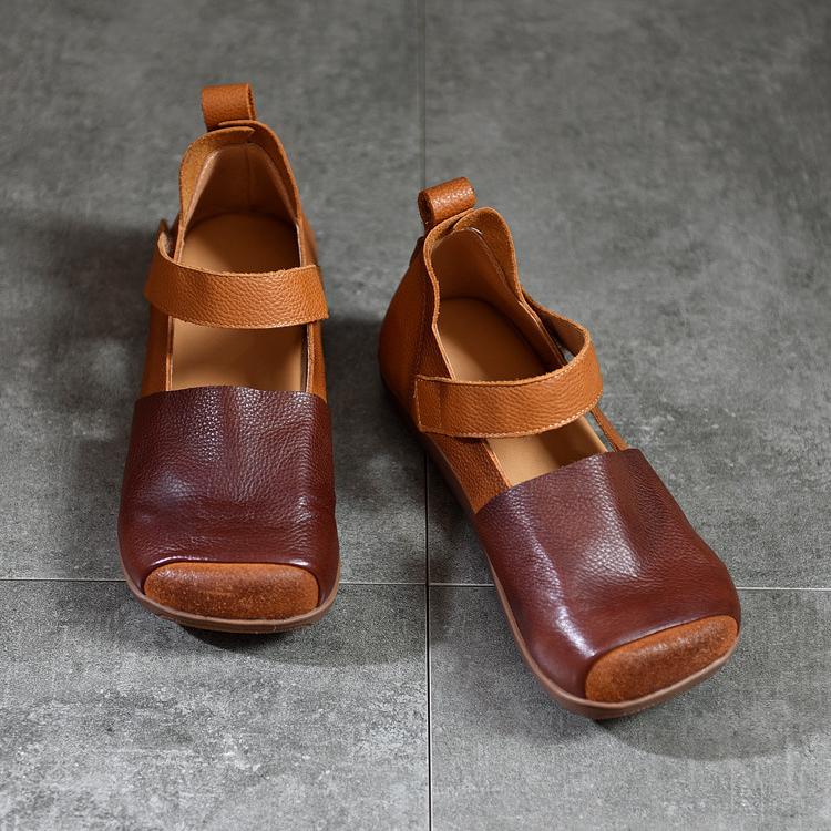 Johnature Retro Genuine Leather Sandals For Women's Mixed Colors Square Toe Soft Sole Flat Shoes